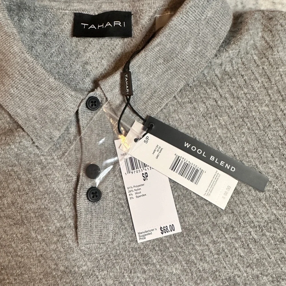 Tahari Wool Blend Gray Polo Long Sleeve Sweater Mens Small‎ NWT